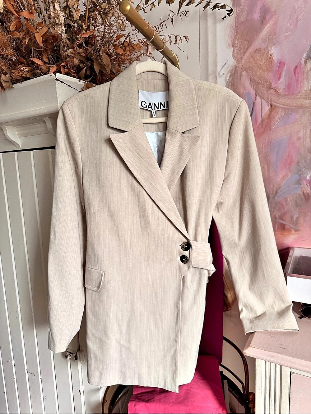 GANNI Stripe Belt Blazer Beige